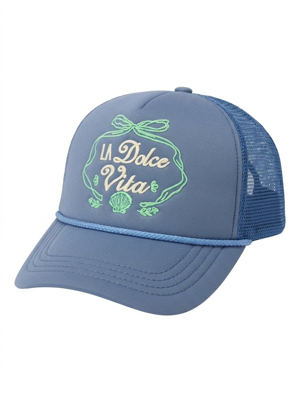 NWT Anthropologie “La Dolce Vita” Blue Trucker Hat with Embroidery